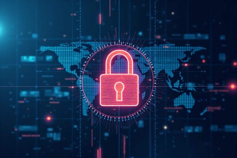 Zamek kłódki na cyfrowym tle, symbolizujący bezpieczeństwo danych.